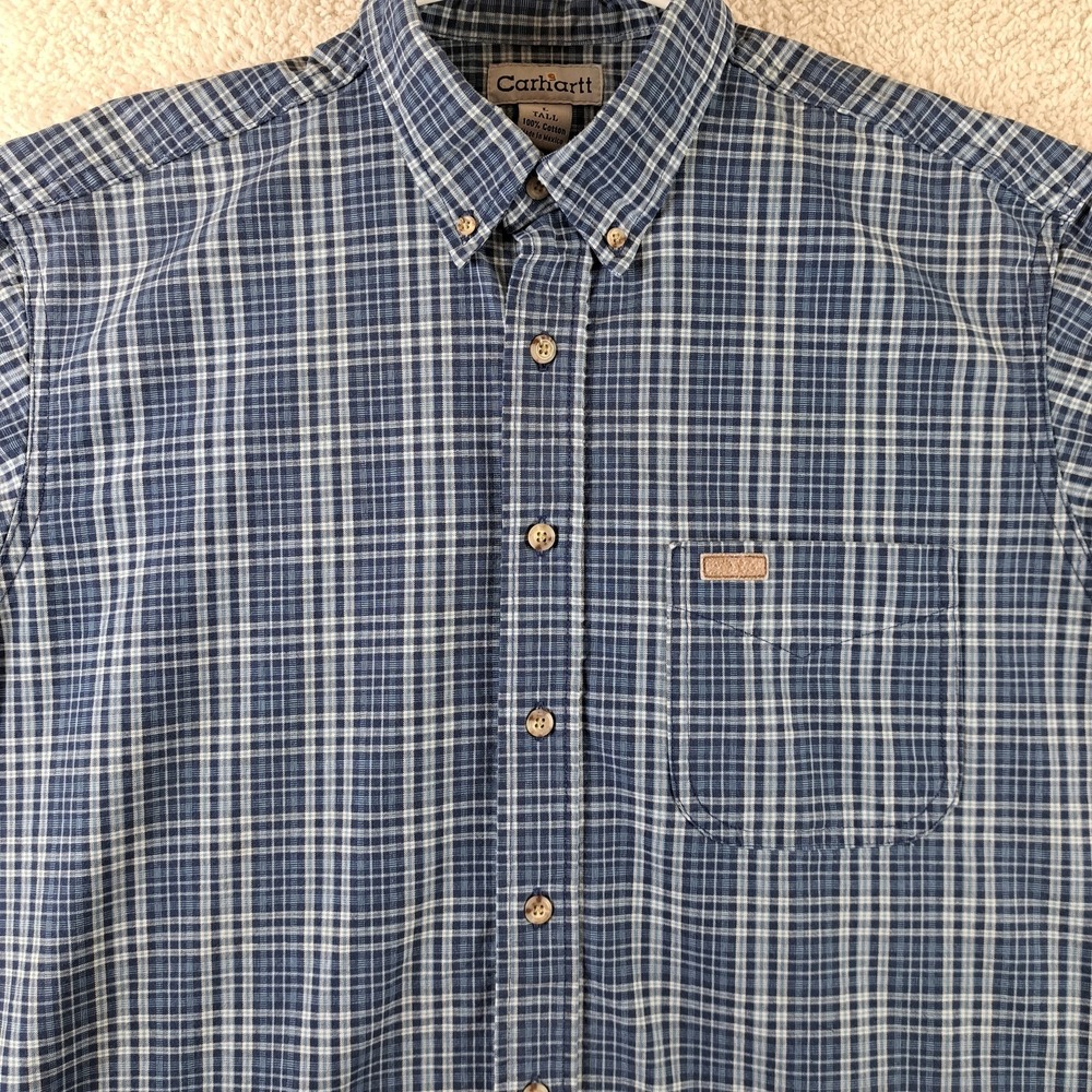 Carhartt Men's L Tall Blue Plaid Long Sleeve Button Down Casual Shirt Workwear